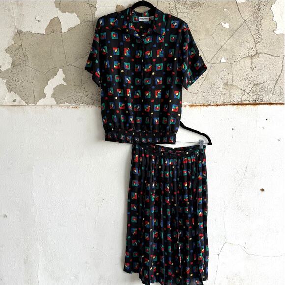 Vtg 90s Matching Set Alfred Dunner Geometric Blouse + Midi Skirt Womens 16 Art - Picture 1 of 15